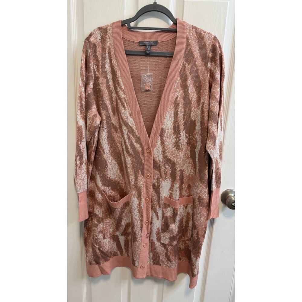 Lisa Rinna 1X Open Cardigan Pinky Coral Long Sleeve Pockets New
